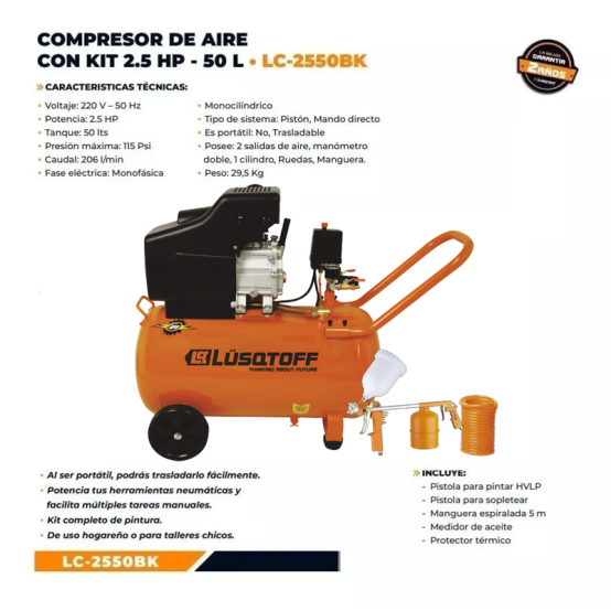 Compresor de Aire Monofasico 2.5 HP x 50 Litros Con Kit LUSQTOFF